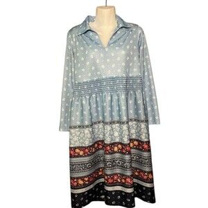 Vintage Boho Prairie Dress Womens 8 Floral Long Sleeve Collared Smocked Retro